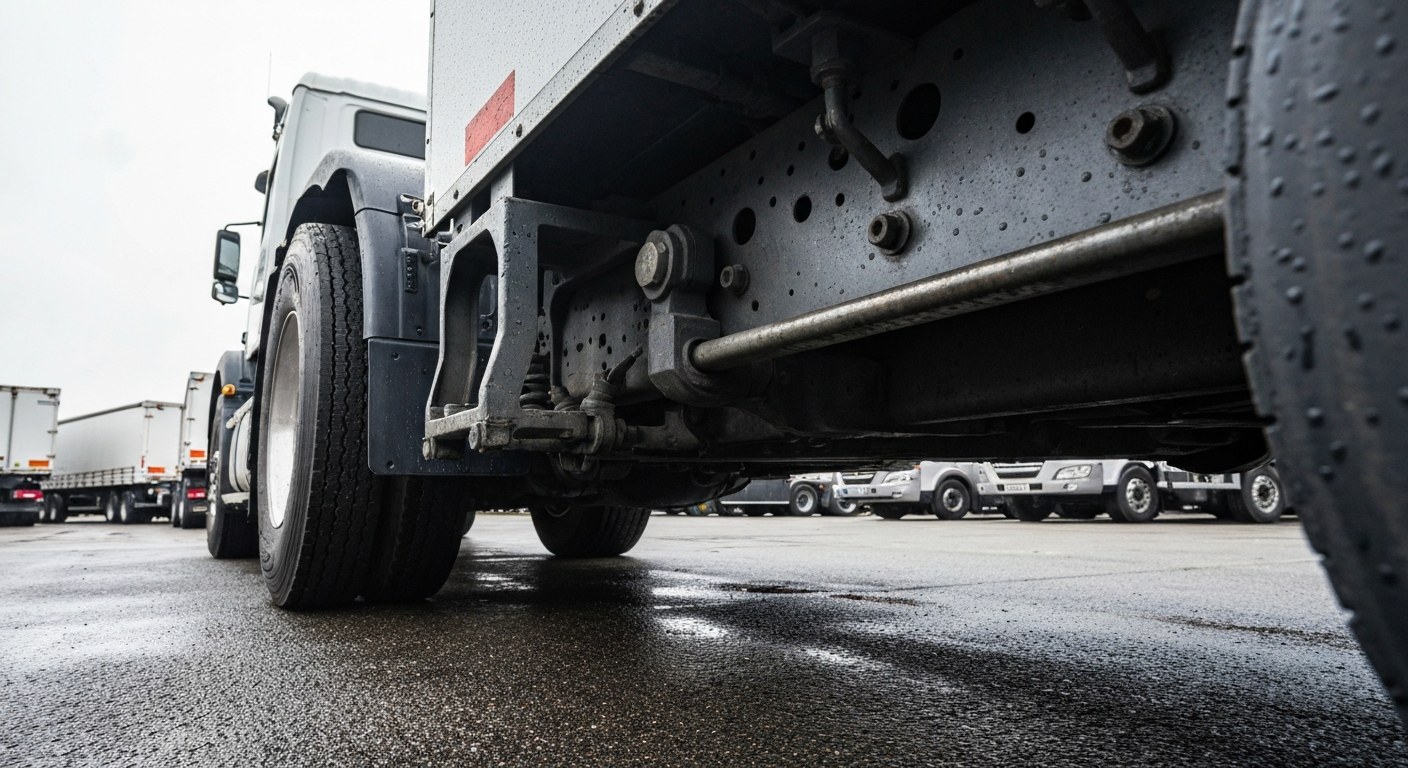 Industrial Hostler Operator Shunting Maneuver Close-up of a hostler truck hitching to a semi-trailer in a damp industrial warehouse yard.