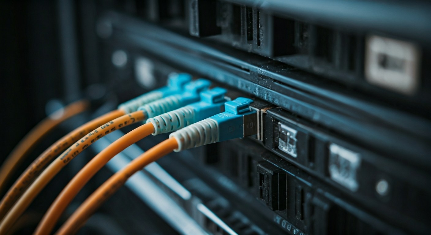 Hybrid Data Warehouse Infrastructure Detail Close-up of fiber optic cables and server hardware in a data center rack.