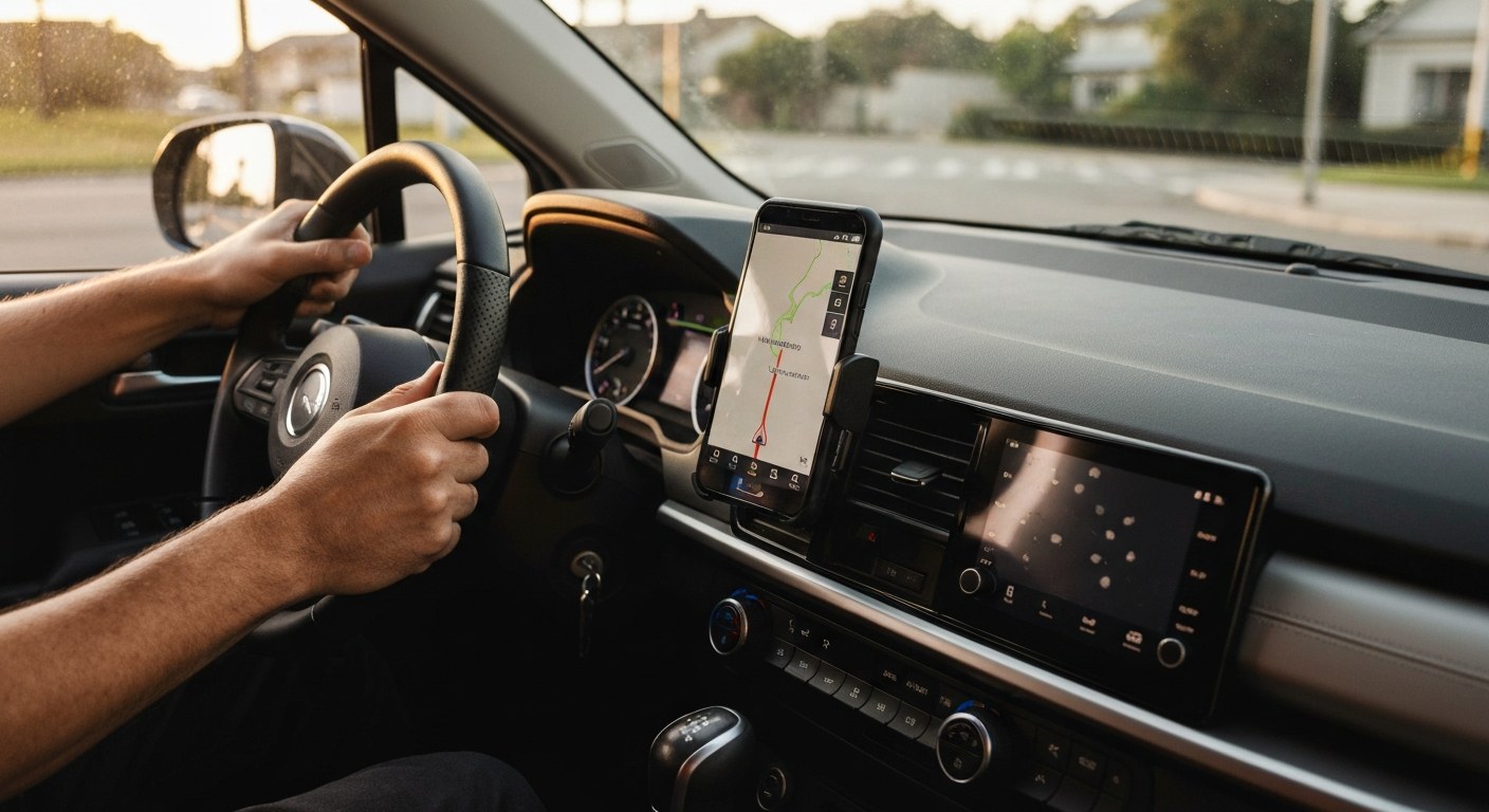 Strategic Vehicle Choice for Delivery Drivers Close-up of a driver's hand on a steering wheel with a smartphone navigation app mounted on the dashboard at sunset.