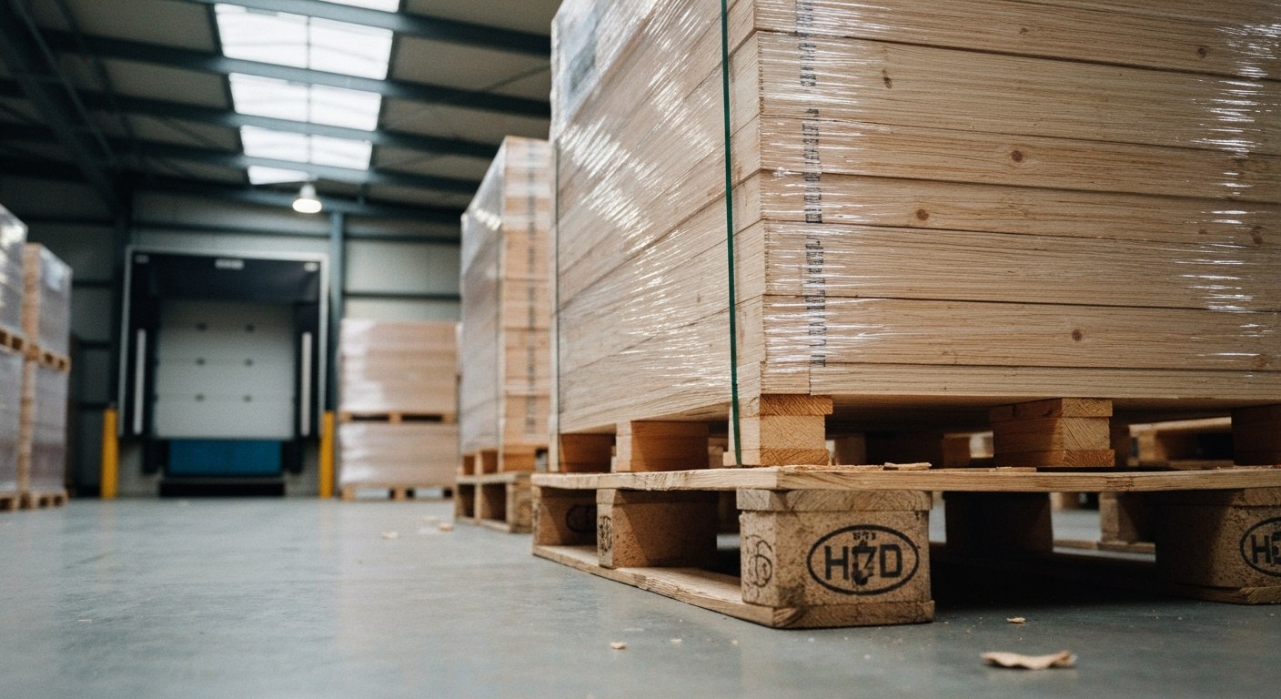 Inbound Logistics Operations Crates of raw materials being offloaded at a modern warehouse dock.