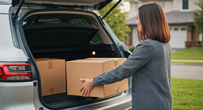 A woman loads plain brown boxes into the back of a silver SUV in a driveway under soft overcast morning light.