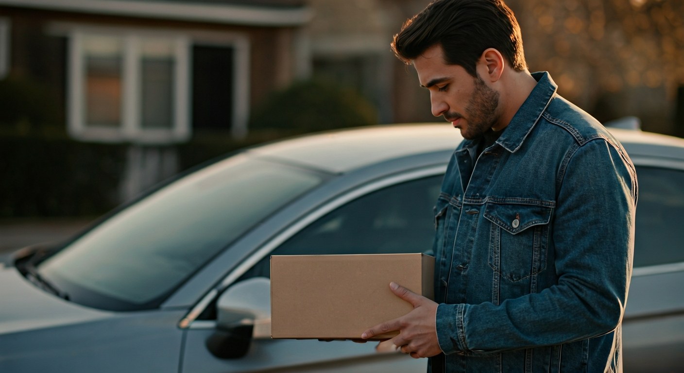 A professional delivery contractor checking a package label next to their car during golden hour.