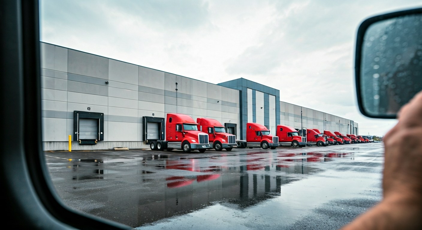 Central US Logistics Node Indiana Warehouse A massive modern warehouse building with loading docks and trucks on a wet asphalt lot under a grey sky.