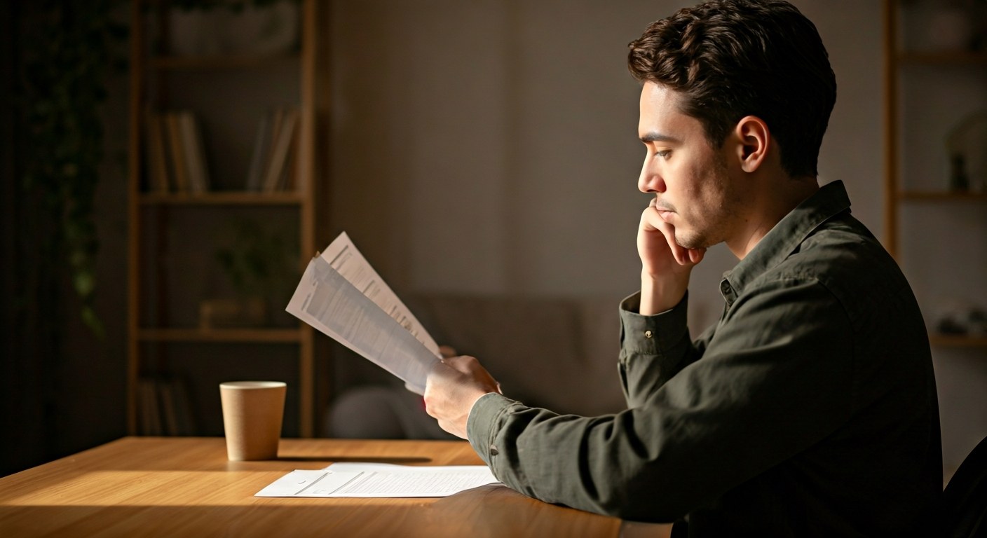 Individual Application Assessment Person reviewing a document in a home office, side profile, warm lighting.