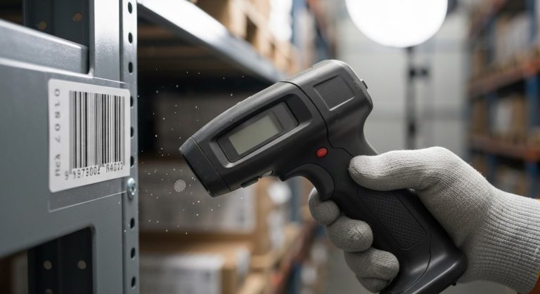 A hand in a worn work glove holds a rugged barcode scanner aimed at a label on a warehouse shelf.