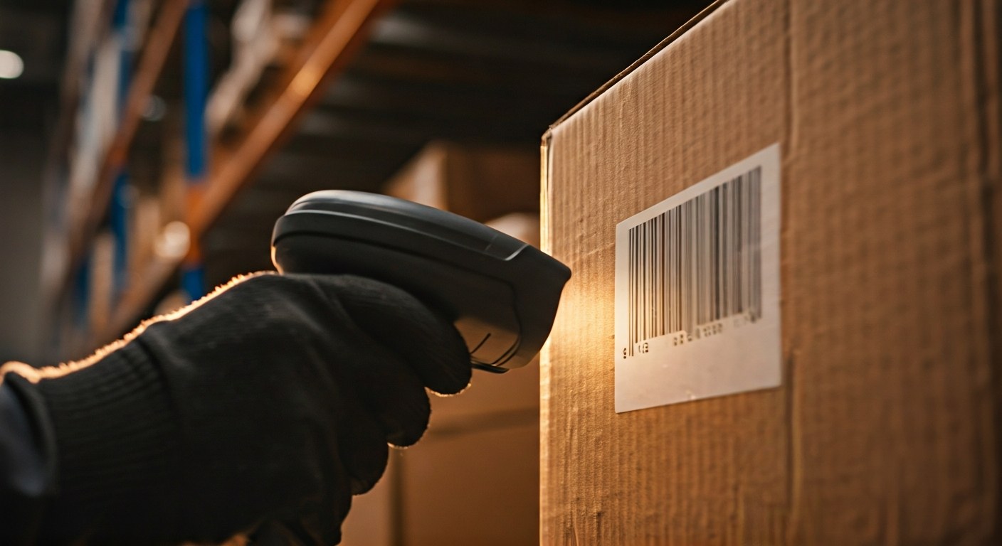 Barcode Scanning for QuickBooks Advanced Inventory Close-up of an industrial barcode scanner scanning a label on a cardboard box in a warehouse.