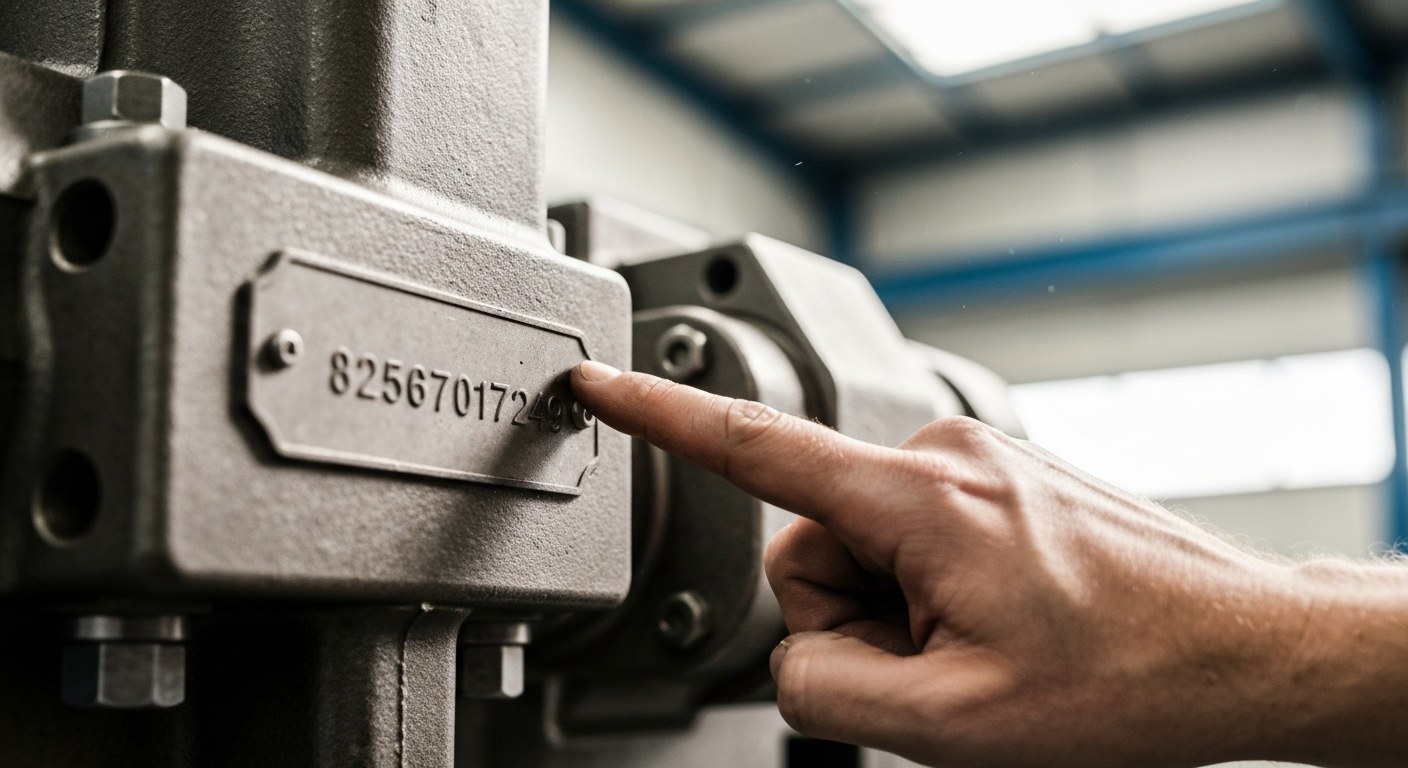 Close-up of a technician's hand pointing at a metal serial number plate on industrial equipment in a warehouse.