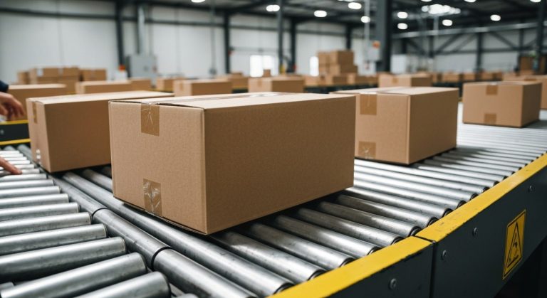 A professional photograph of cardboard packages on a metal conveyor belt inside a large, sunlit industrial warehouse.
