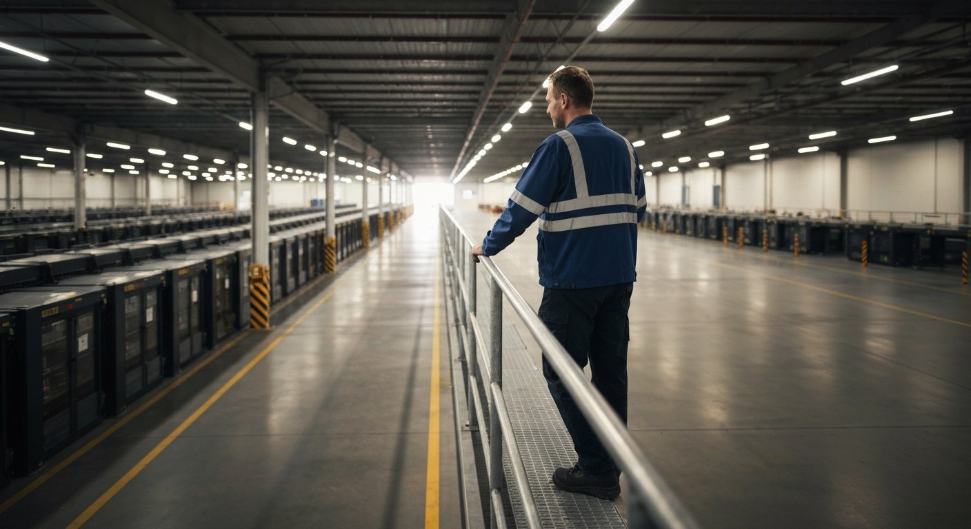 Industrial Warehouse Operations A logistics technician overlooks a large automated warehouse sorting hub from a metal catwalk.