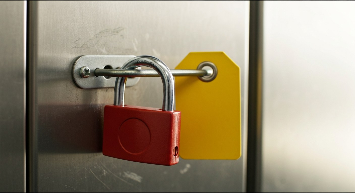 A red industrial lockout padlock and yellow safety tag attached to a brushed metal electrical panel for safety compliance.