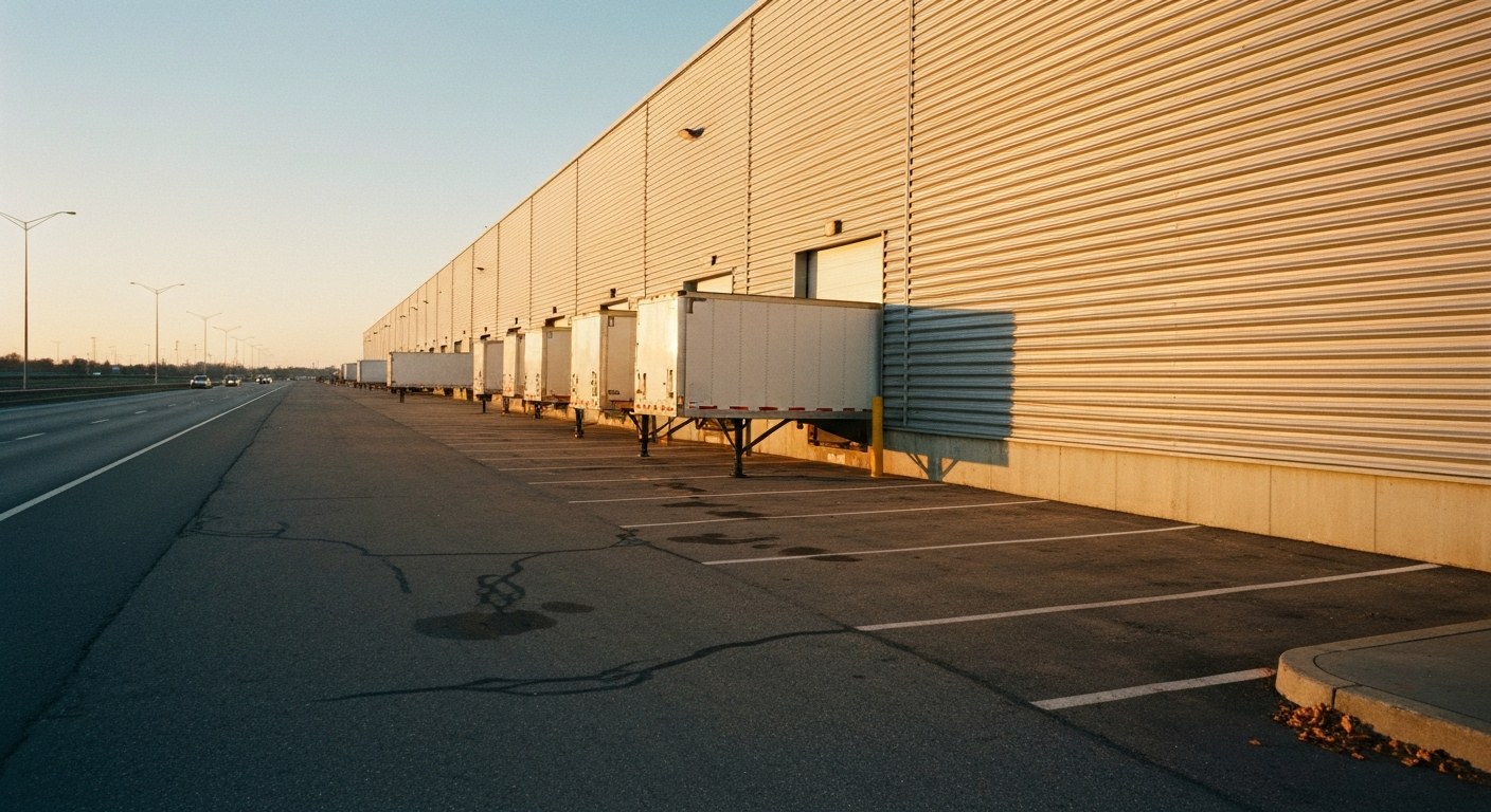 A modern industrial warehouse facility at sunset with several white cargo trucks parked at loading docks near a highway.