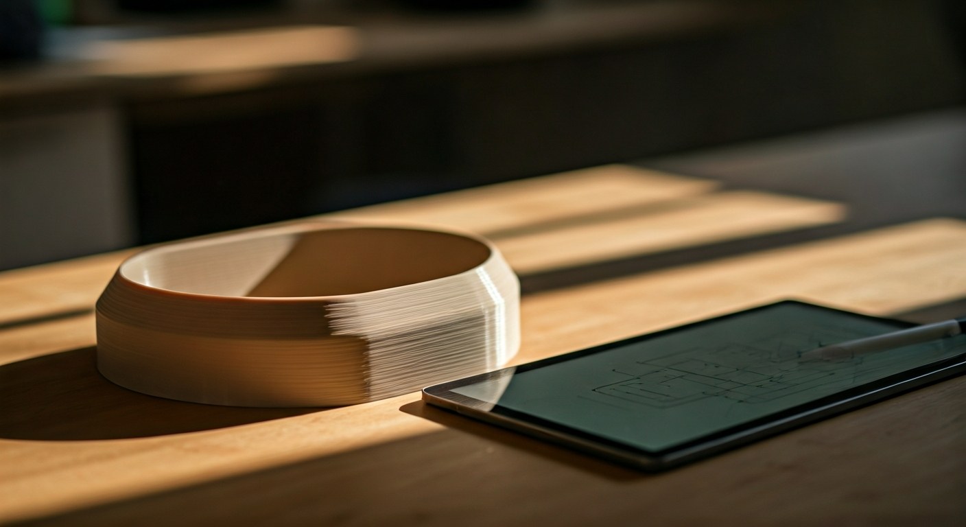 Industrial Design Prototype and Ergonomics A designer's desk with a 3D-printed package prototype and a digital tablet during golden hour.