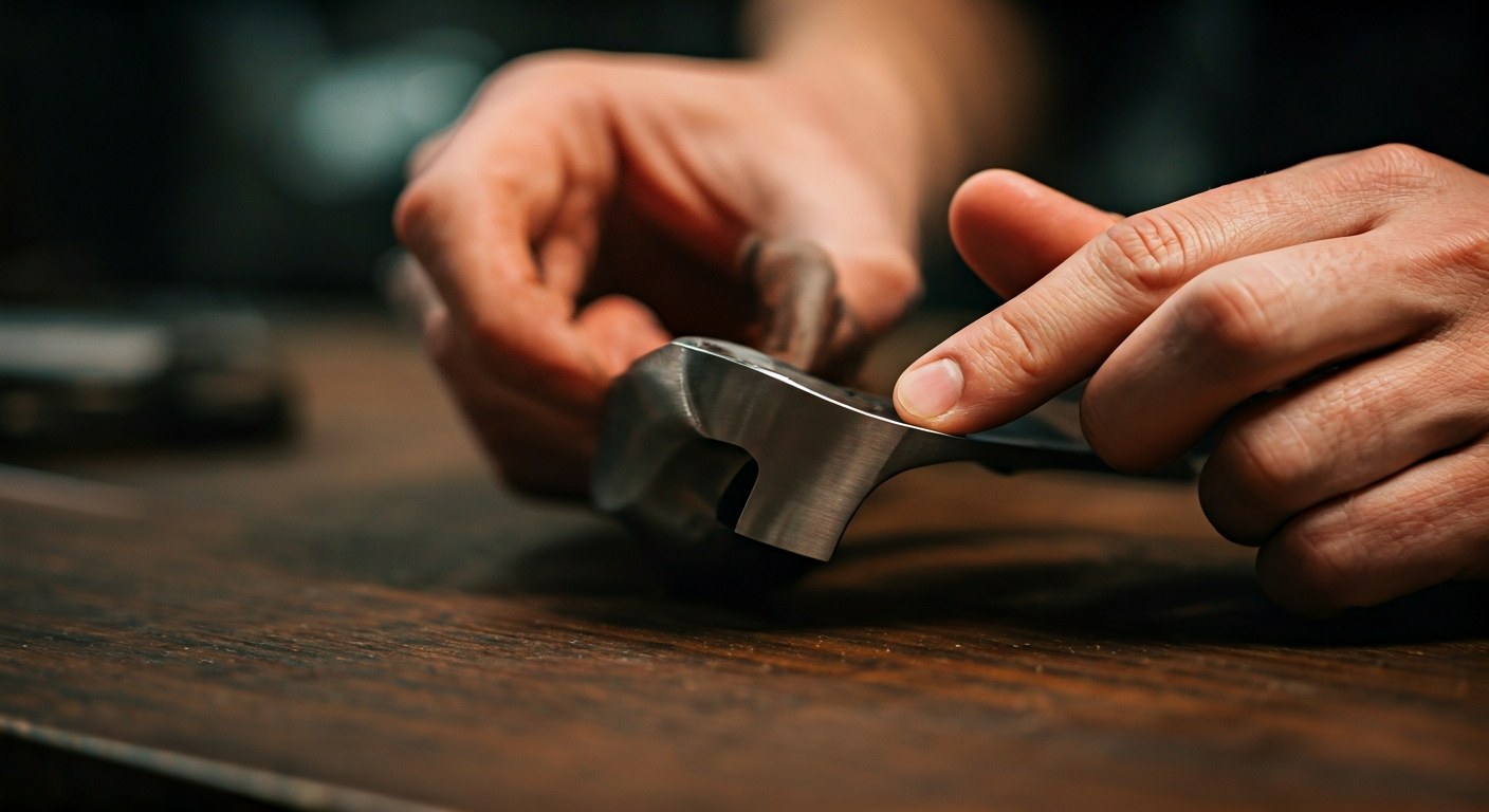 Close-up of a person's hands inspecting a precision machined metal part on a wooden work surface.