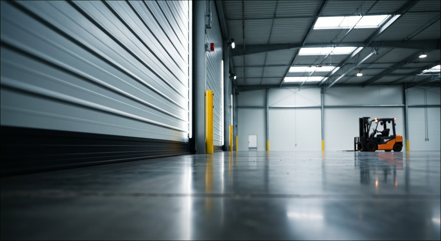 A high-speed industrial roller door in a modern warehouse with polished concrete floors and soft overhead lighting.