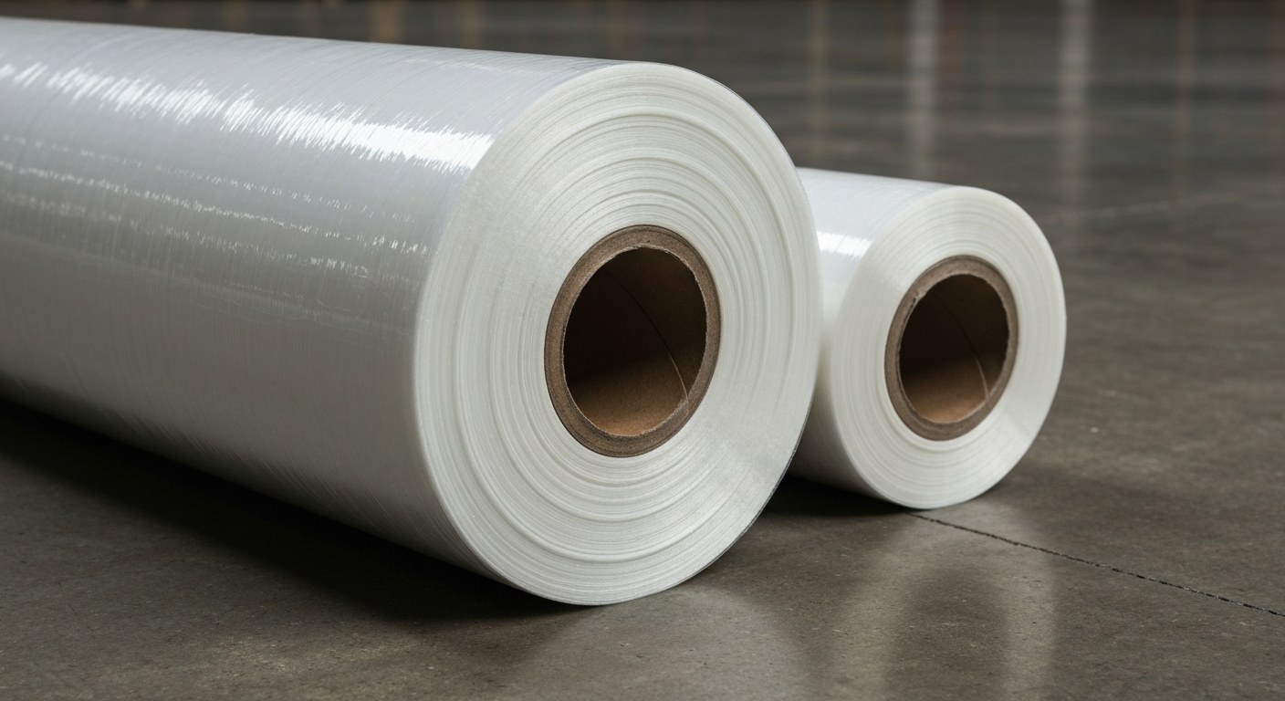 Industrial Stretch Film Roll Comparison Two rolls of industrial stretch wrap on a concrete floor, showing the difference between clear and matte finishes.