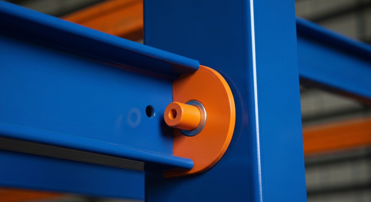 Close-up of a steel teardrop pallet rack connection showing the orange beam locked into a blue vertical upright.