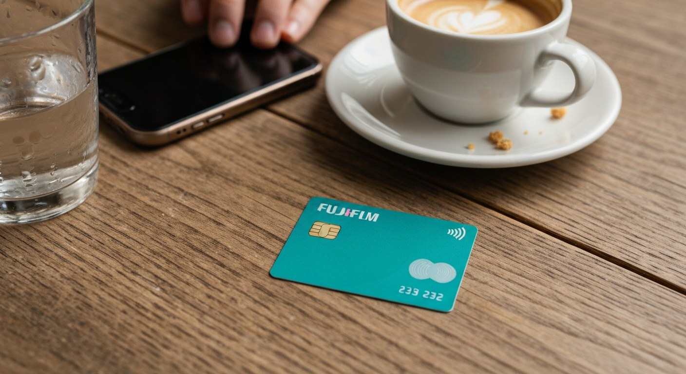 Daily Earnings Accessed via Flex Debit Card A debit card and a cup of coffee on a wooden table in soft natural light, representing daily earnings.