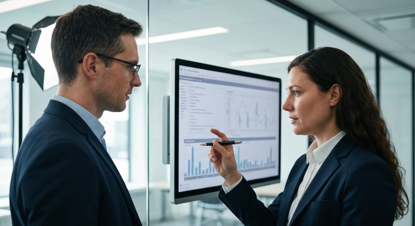 A shipper and a carrier partner discuss supply chain data in a modern office.