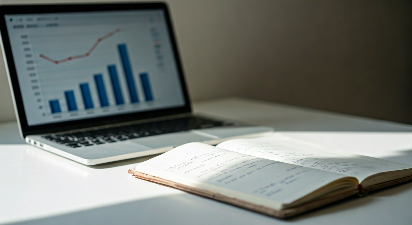 A laptop showing salary data charts next to a notebook with handwritten figures on a desk.