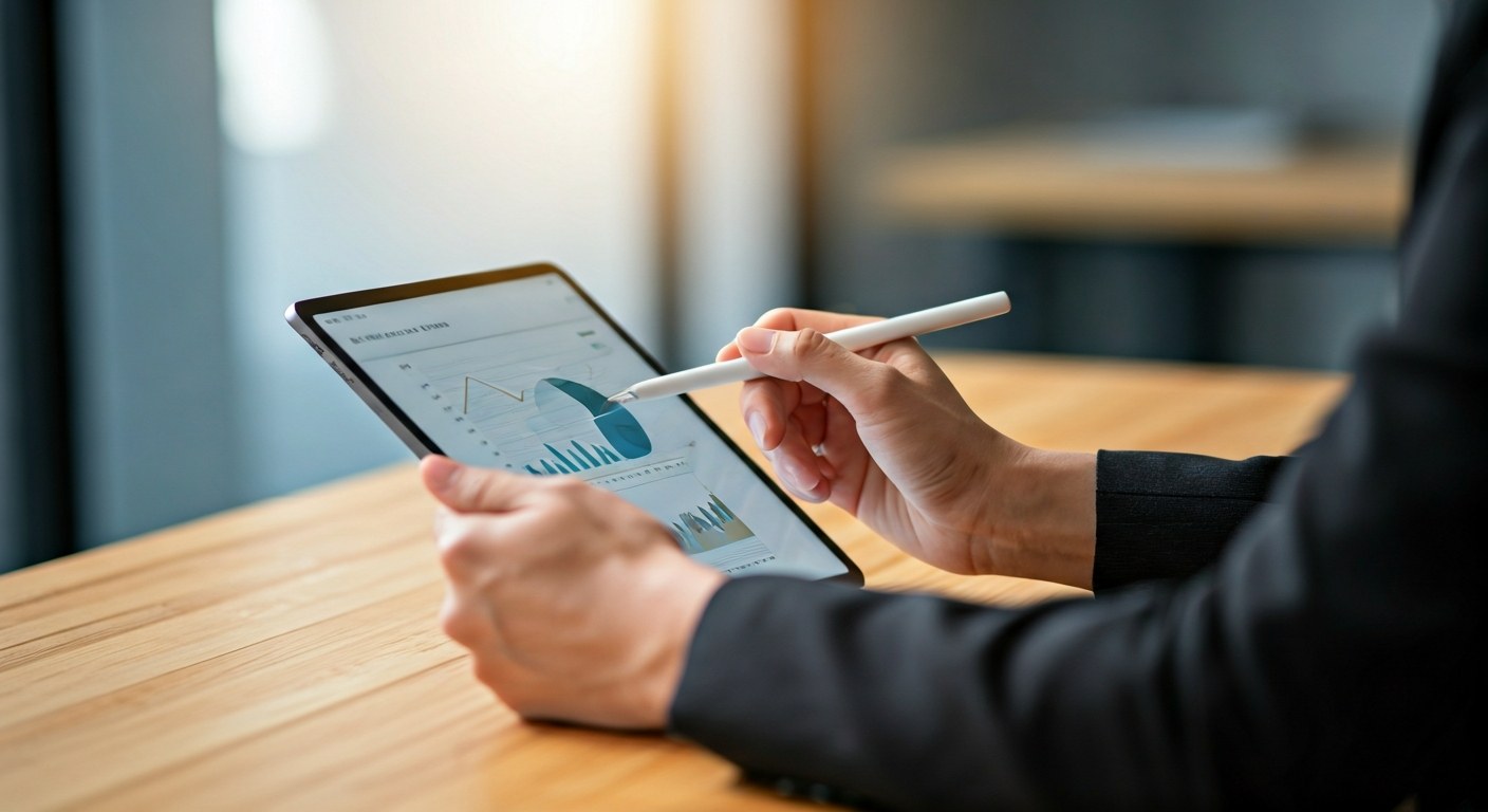 Professional hands holding a tablet with inventory data charts on a wooden desk in soft natural light.