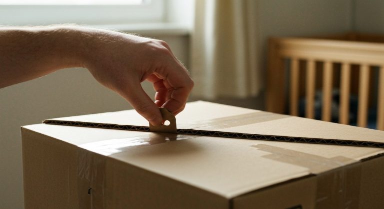 Pampers Packaging Change: What’s New? (The Truth) 5 A close-up of a hand pulling a perforated cardboard tab on a tape-free shipping box in a softly lit room.