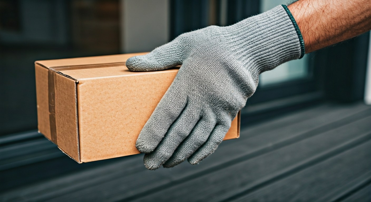 A close-up shot of a gloved hand placing a shipping box on a wooden porch during the day.