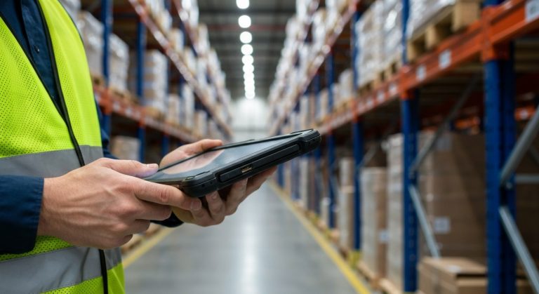 A warehouse manager in a safety vest using a tablet in a brightly lit industrial aisle with LED overhead lights.