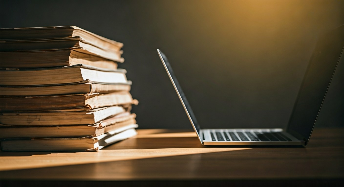 Legacy vs Modern Infrastructure A workspace showing old technical manuals next to a modern, minimalist laptop during golden hour lighting.