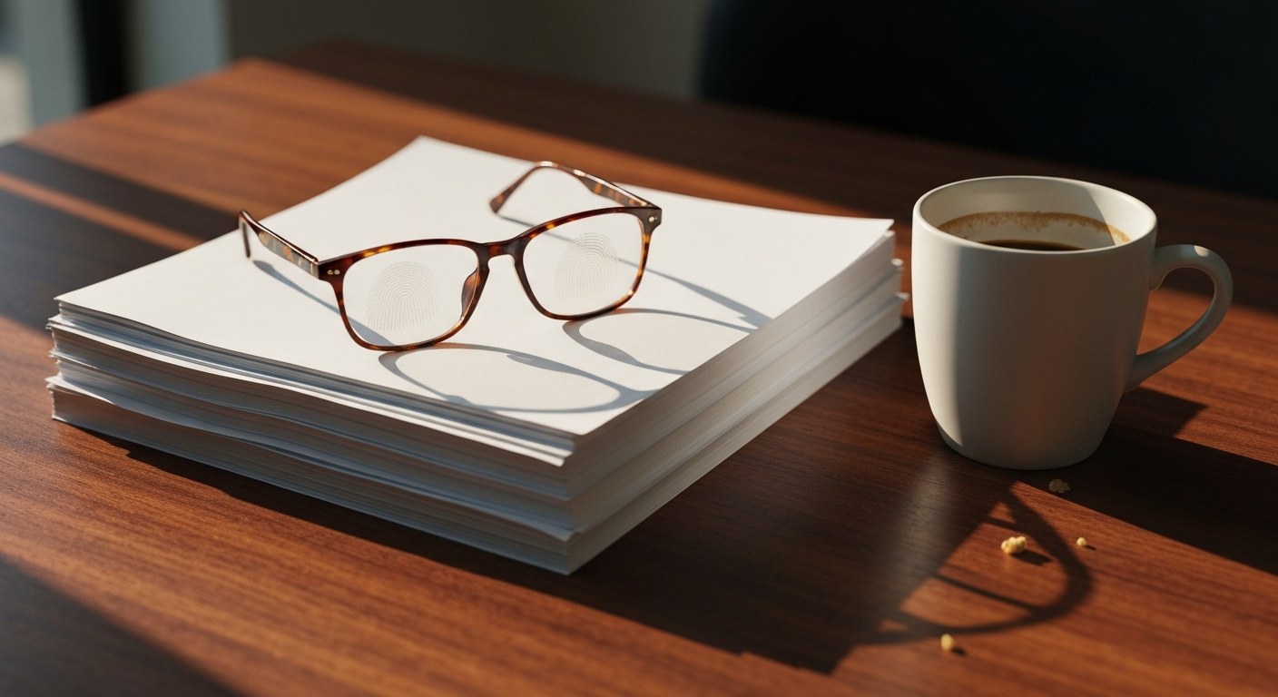 A pair of glasses resting on a stack of legal papers on a wooden desk during sunset hours in an office.