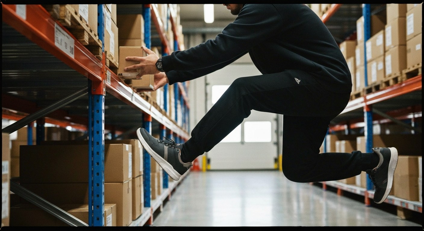 Warehouse worker in lightweight safety sneakers reaching for a box on a shelf.