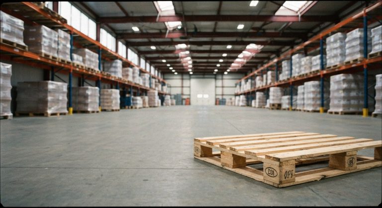 Is Clearance Warehouse Legit? The Brutal Truth (Tested) 1 A large wooden pallet wrapped in plastic sits on a concrete warehouse floor with industrial shelving in the background.