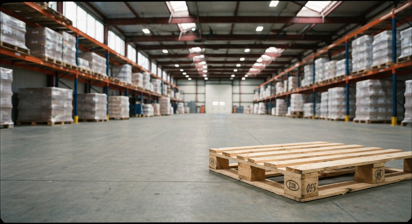 Industrial Liquidation Warehouse Pallet Inspection A large wooden pallet wrapped in plastic sits on a concrete warehouse floor with industrial shelving in the background.