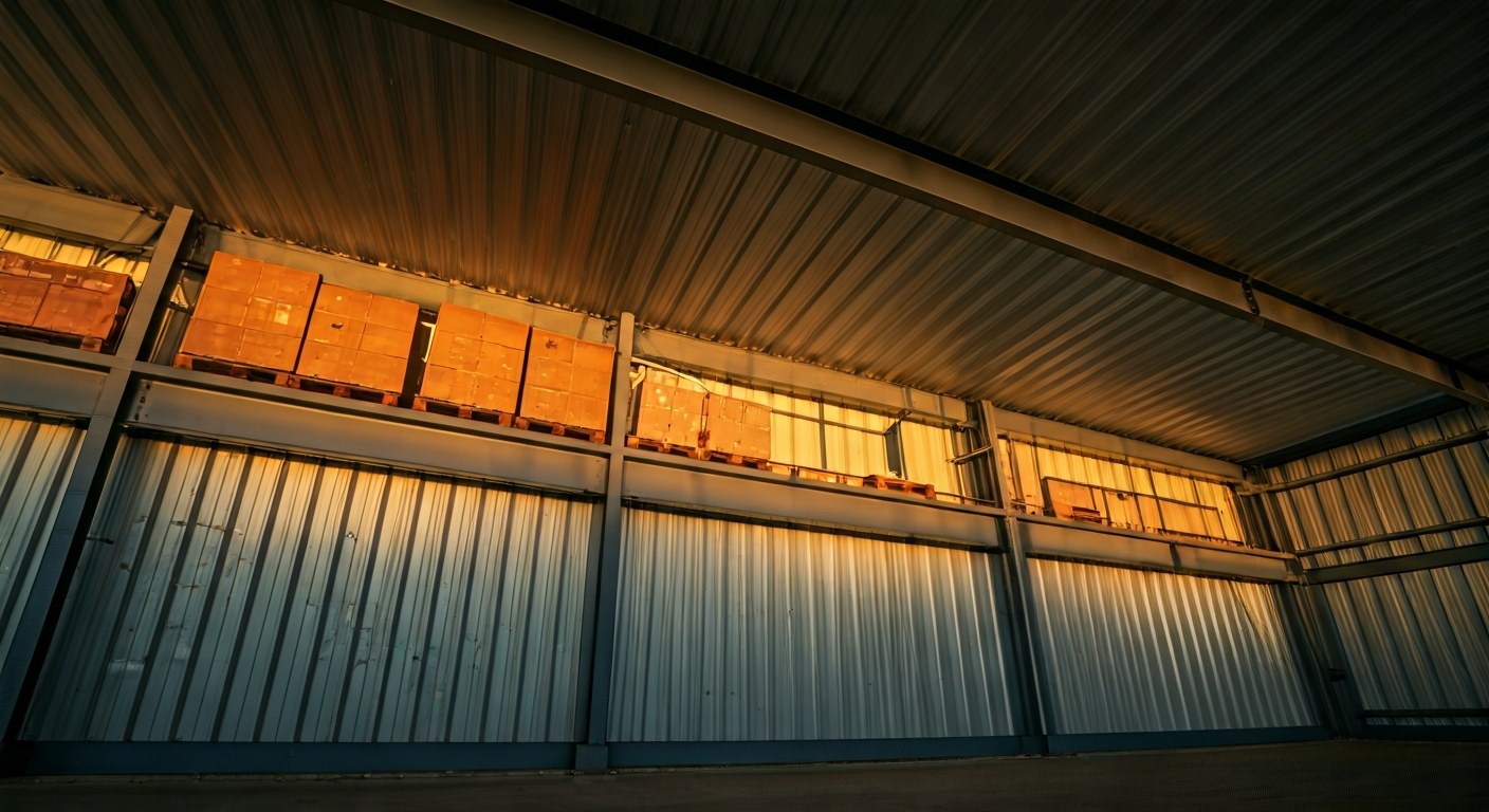 Load-Bearing Modular Office Roof Storage Low angle view of a modular office structure with a load-bearing roof used for industrial storage in a warehouse.