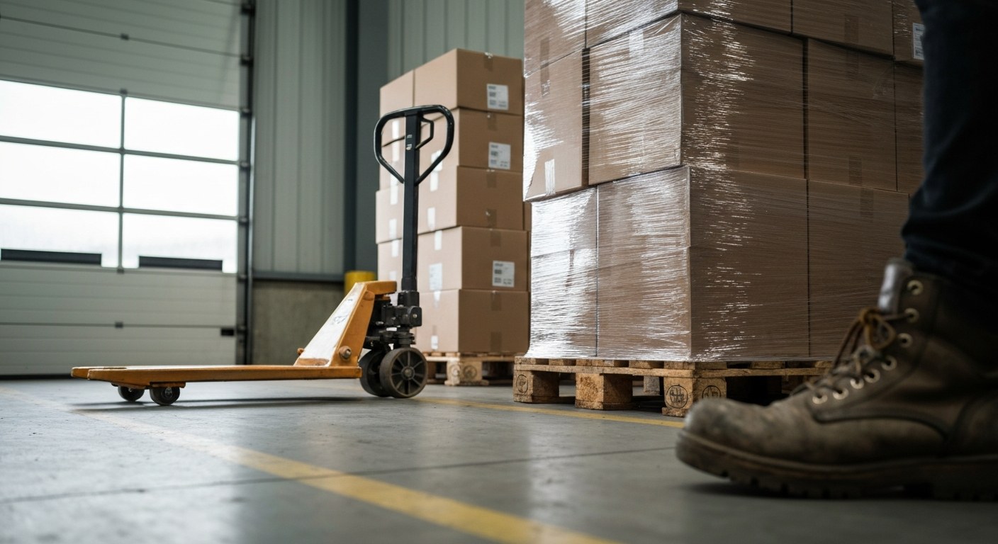 Logistics Loading Dock Loading dock area with pallet jack, wrapped boxes, and worn work boots on a concrete floor.
