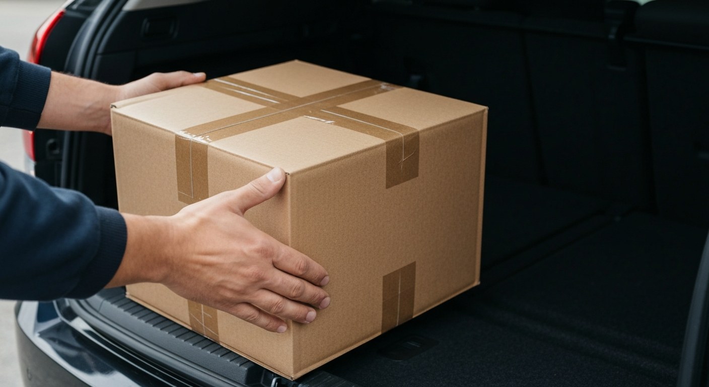 Loading Packages for Delivery Close-up of a delivery driver loading a cardboard package into their car trunk with a blurred warehouse background.