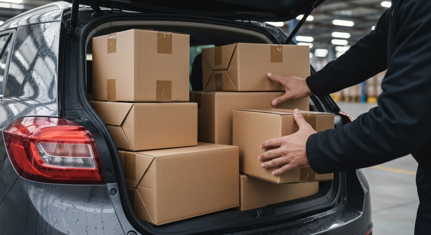Loading Packages for Delivery Block A person loading cardboard packages into the trunk of a car at a distribution warehouse.