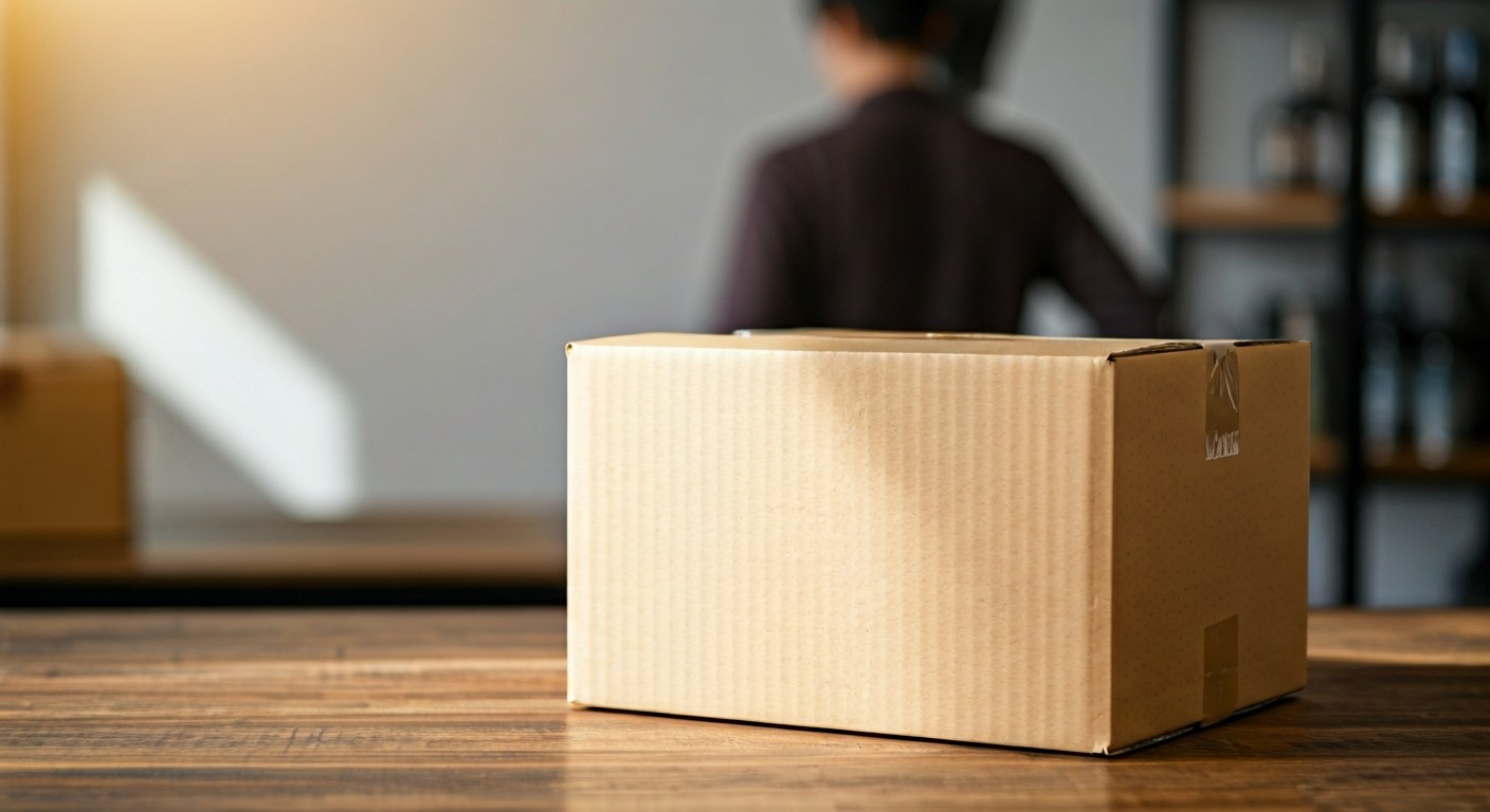 Local Hub Counter Package Collection A plain cardboard box sitting on a wooden service counter in a brightly lit local shop.