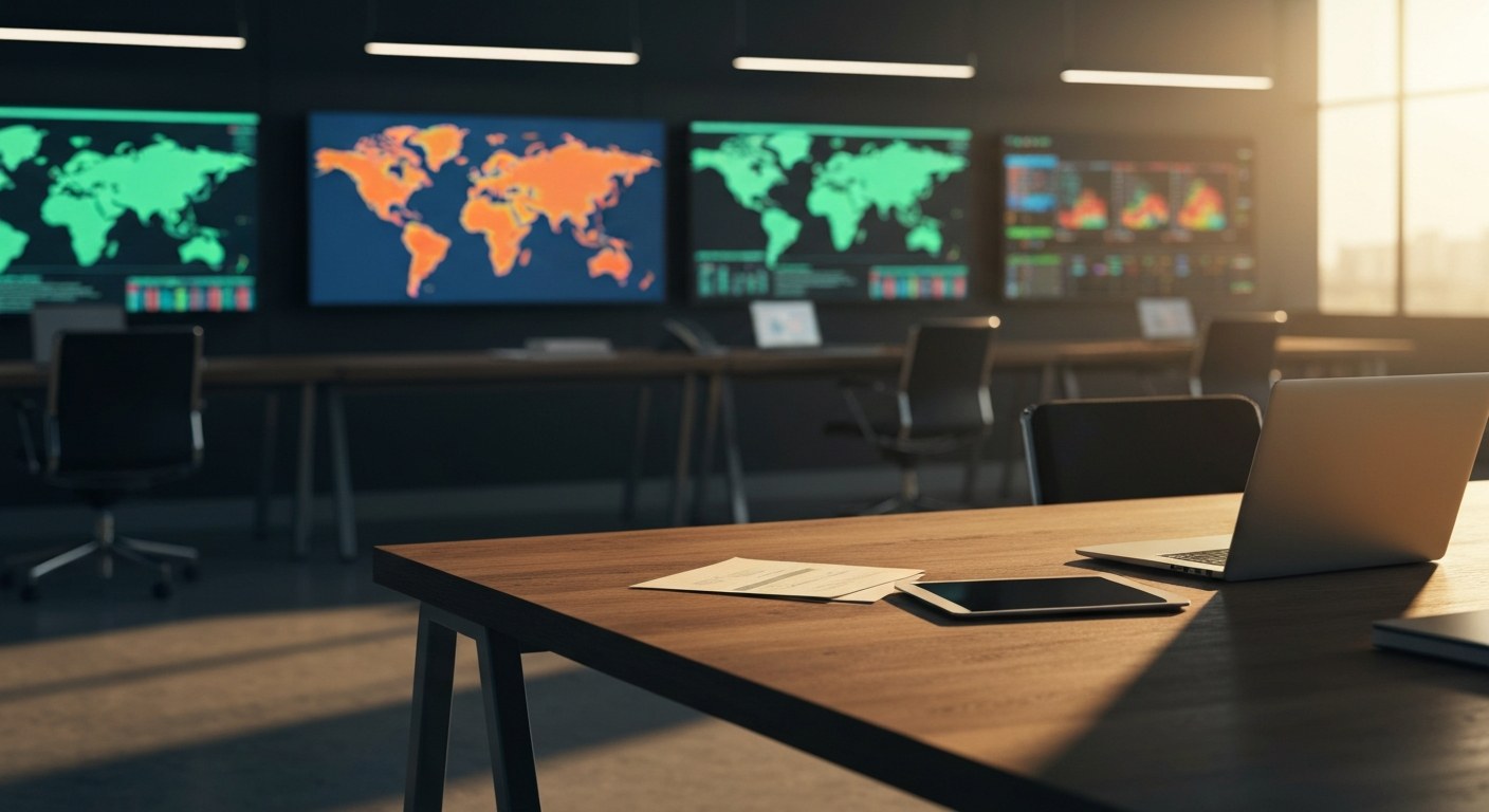 Logistics command centre displaying real-time supply chain data maps.