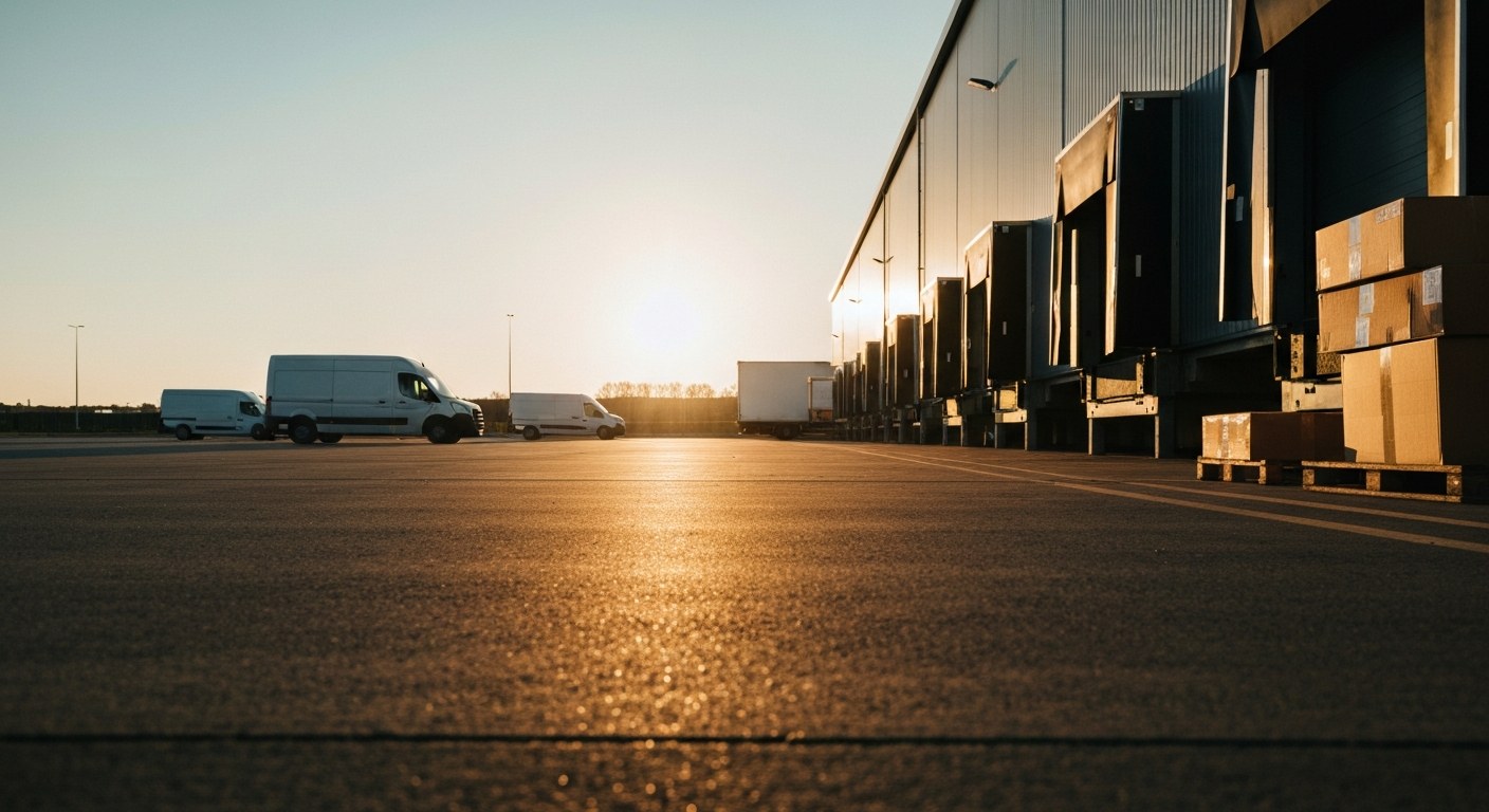 Last-Mile Distribution Hub Delivery vans parked at a distribution center loading dock at sunset.