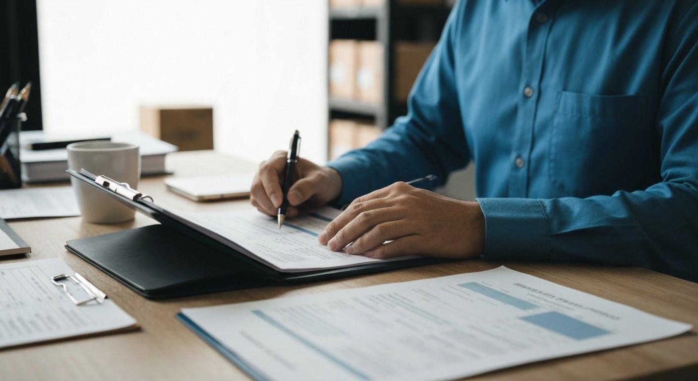 Logistics Documentation Planning Logistics manager reviewing shipping documents on a tablet at a desk.