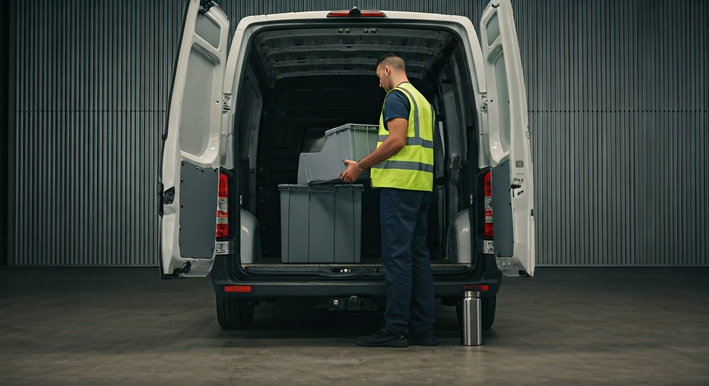 Logistics Loading Process for Gig Workers A logistics worker in a safety vest loads grey bins into a cargo van in a warehouse.