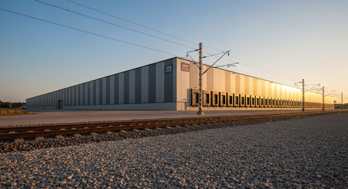 Strategic Logistics Hubs Wide view of a large industrial warehouse building next to a rail track at sunset.
