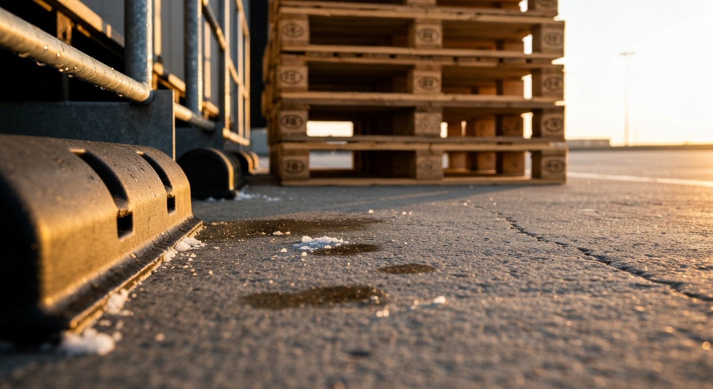 Close-up of a weathered concrete loading dock at a warehouse during a golden hour sunrise with wooden pallets.