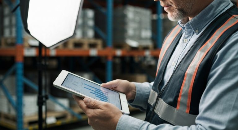 Close-up of a warehouse manager's hands using a tablet to analyze inventory data, background softly blurred.