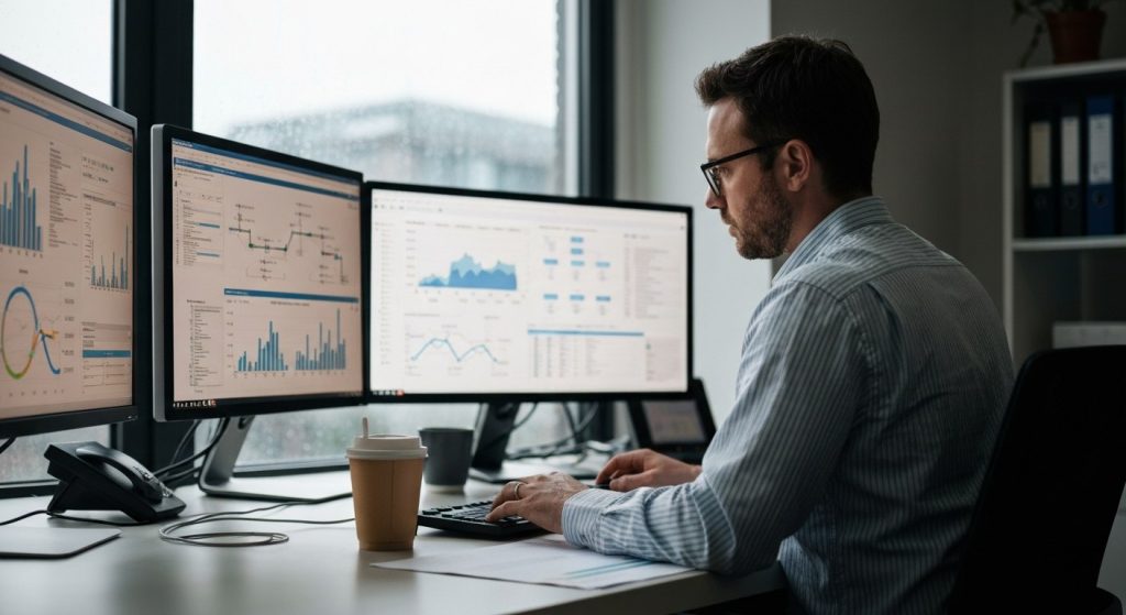 Logistics manager looking at complex data charts on multiple computer monitors in a naturally lit office.