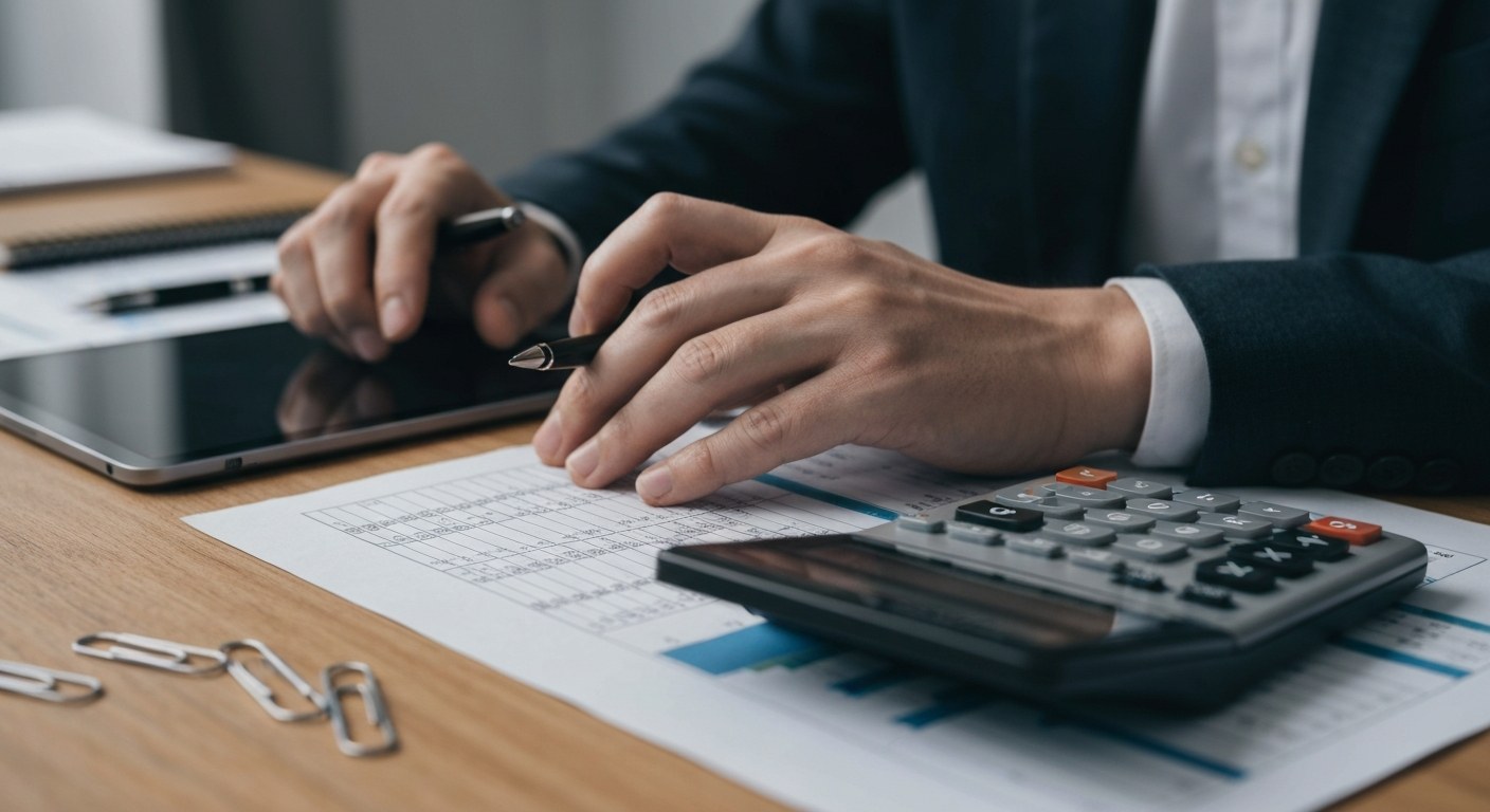 High Warehouse Overhead Costs Close-up of a person's hands on a desk covered in financial documents and a professional calculator.