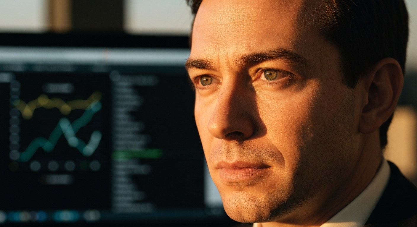 A focused logistics manager analyzes supply chain data during golden hour.