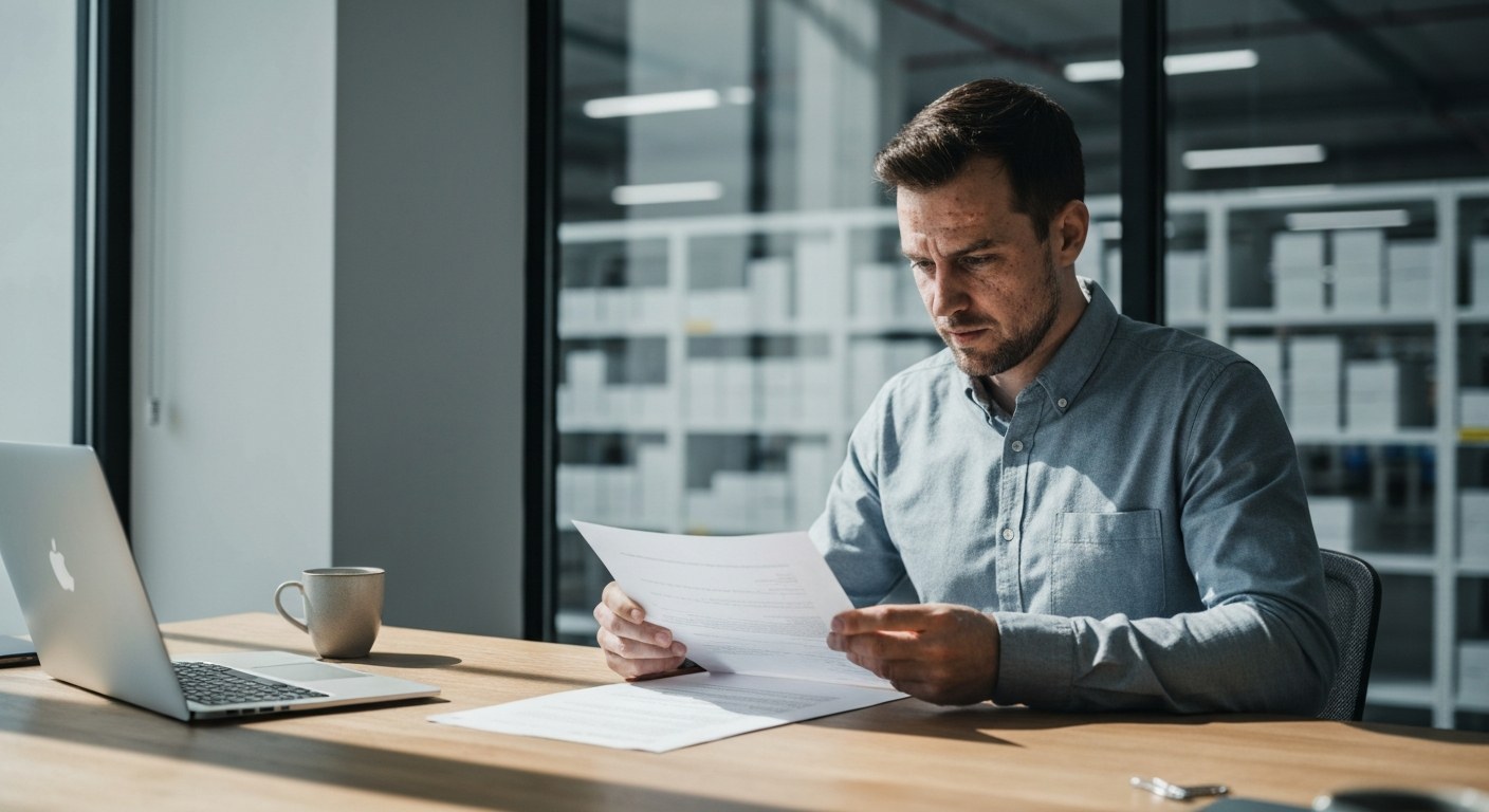 Professional Logistics Resume Review A professional manager in a modern office reviews a resume with a blurred high-tech warehouse in the background.