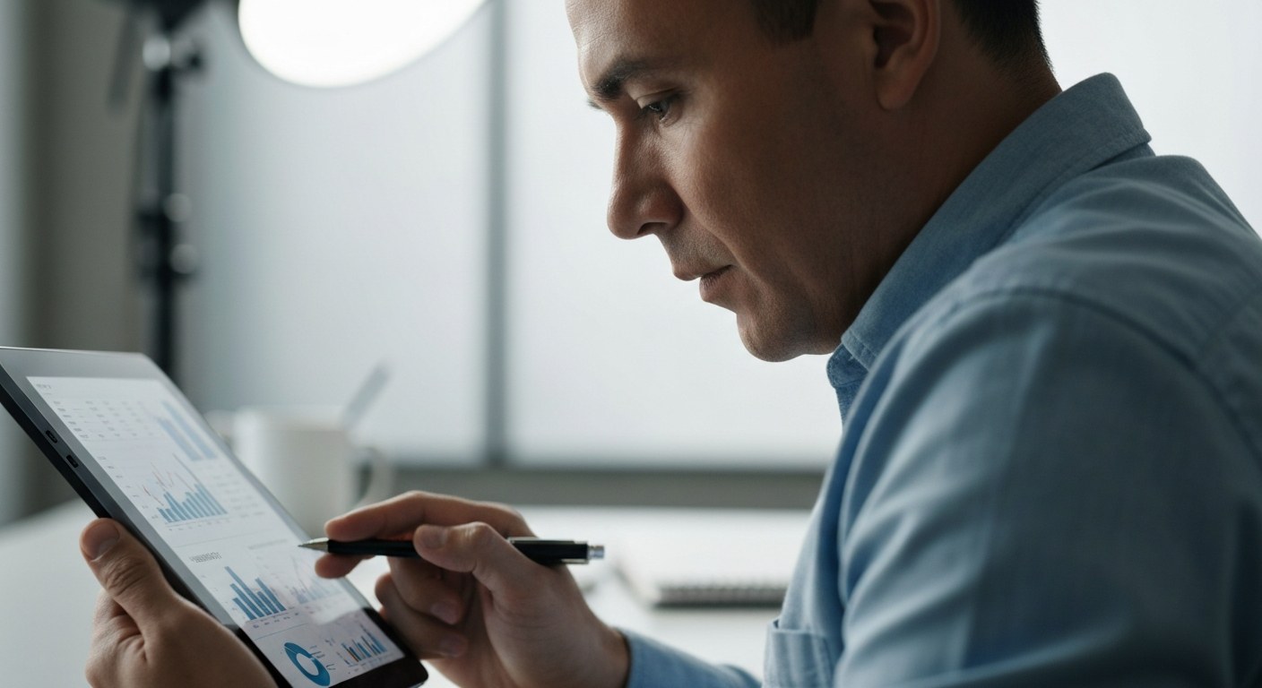 A logistics professional reviewing inventory metrics on a digital tablet in a clean, professional office setting.