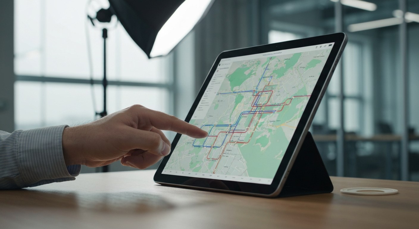 Close-up of a person's hand using a tablet with a logistics map in a professional office setting with soft lighting.